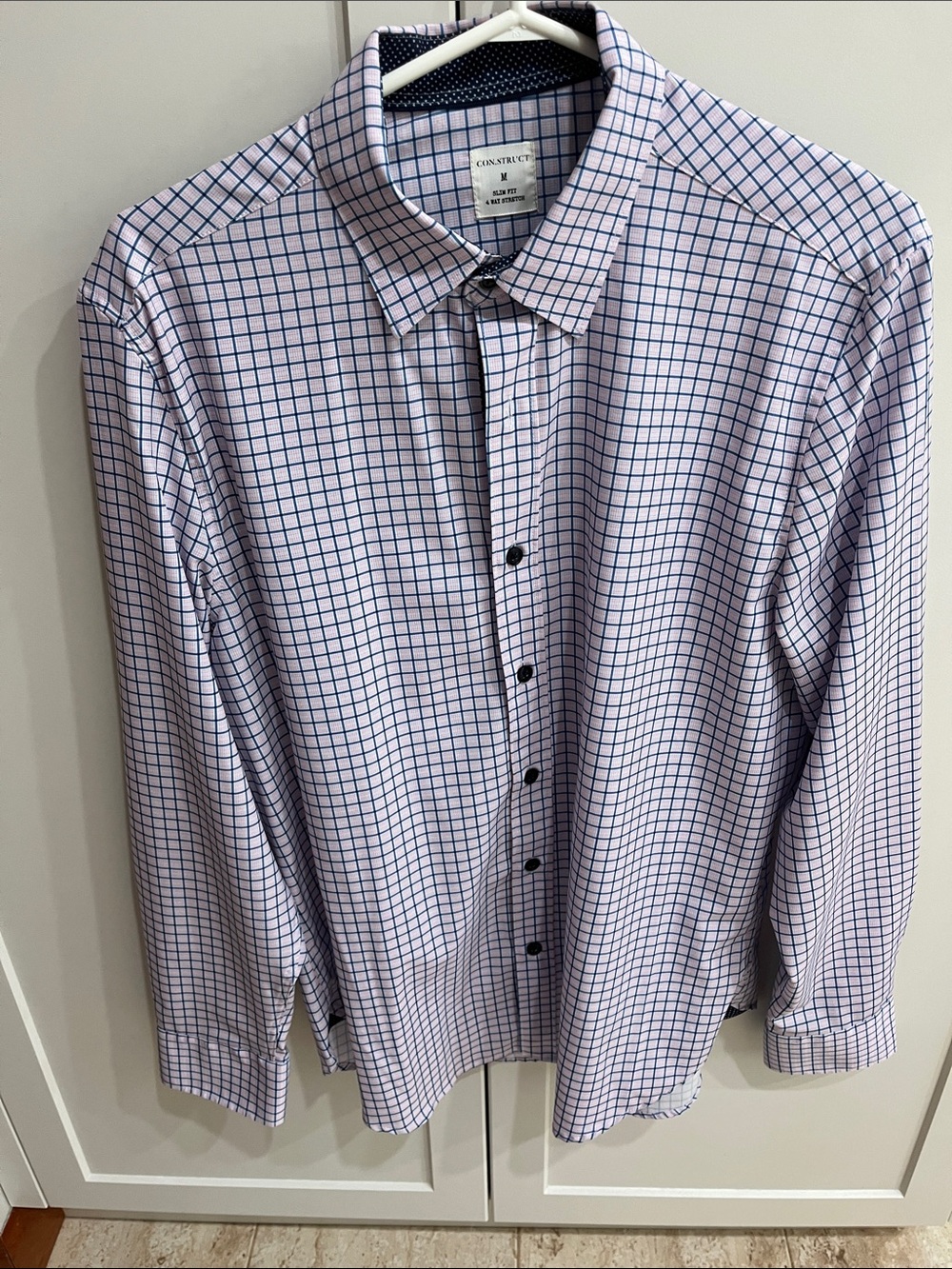 Mens blue and pink window pain slim fit dress shirt. Super stretchy!